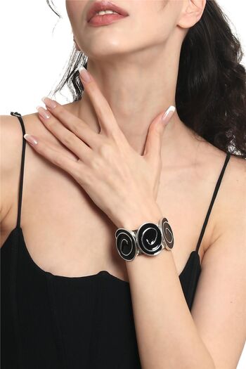 LABALABA Women's Silver Color Lacquer Plated Adjustable Open Band Black Enamel Bracelet