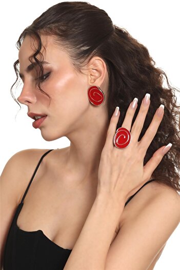 LABALABA Women's Silver Color Lacquer Plated Spiked Model Red Enamel Earrings & Ring Set