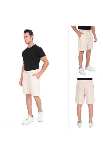 REYNEV Summer Beige Men's Linen Shorts - Comfortable Cut and Elastic Waist