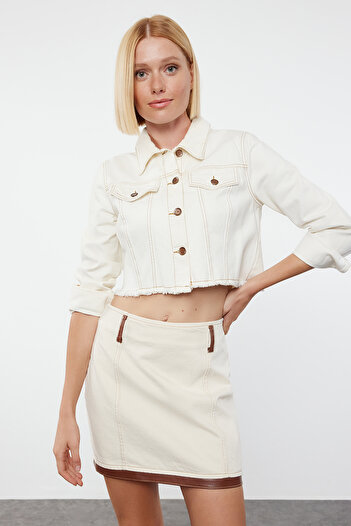Trendyol Collection Mini Ecru Leather Detailed Denim Skirt - TWOAW25ET00040