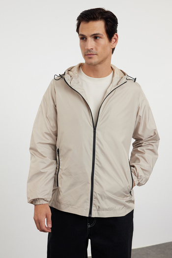 Trendyol Collection Stone Color Hooded Seasonal Jacket - Raincoat and Windbreaker Detailed Tmnaw25Mo00026