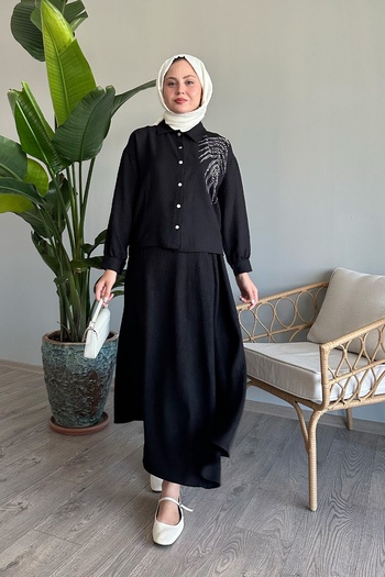InStyle Black Linen Set - Bead Detailed Skirt