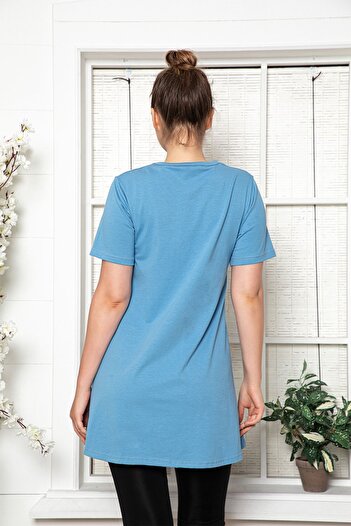 MyBen Women's Blue Short Sleeve Cotton Crew Neck Combed Cotton Tunic-underwear Slm03