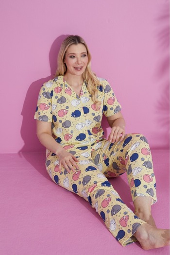 PİJAMOOD Cotton Short Sleeve and Printed Women's Pajamas Set