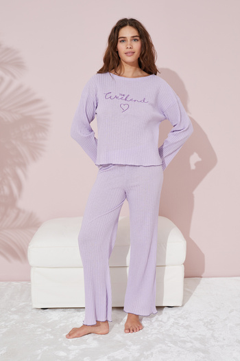 Siyah İnci Lilac Embroidered Thin Cotton Pajama Set - Seasonal