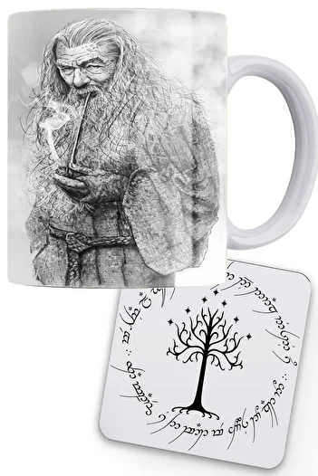 remonz Lotr Charcoal Printing Series Gandalf 100% Porcelain White Mug Wooden Coaster