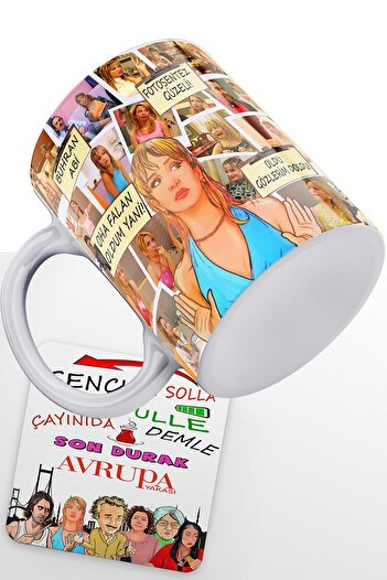 remonz European Side Series Selin Yerebakan Printed White 100% Porcelain Mug and MDF Coaster
