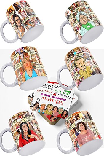 remonz European Side Series Set of 6 White 100% Porcelain Mugs and 6 Wooden Coasters