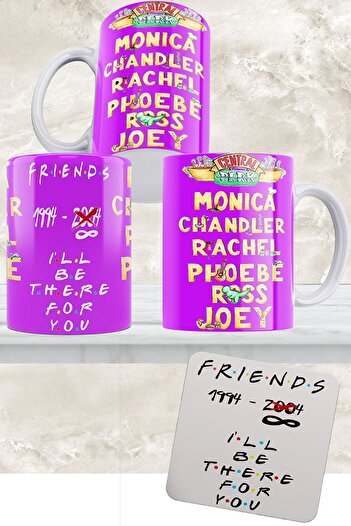 remonz Friends Series Names 3 Sided Printed White Porcelain Mug and Wooden Coasters