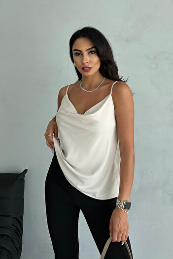 Ortaya Çık Beige Degaje Collar Adjustable Strap Blouse