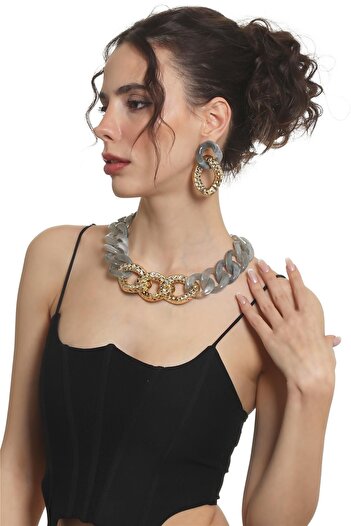 LABALABA Women's Thick Chain Form Smokey Gray & Gold Color Resin Necklace & Earrings Set