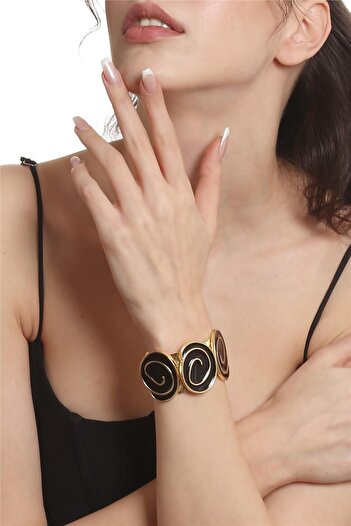 LABALABA Women's Gold Color Lacquer Plated Adjustable Open Band Black Enamel Bracelet