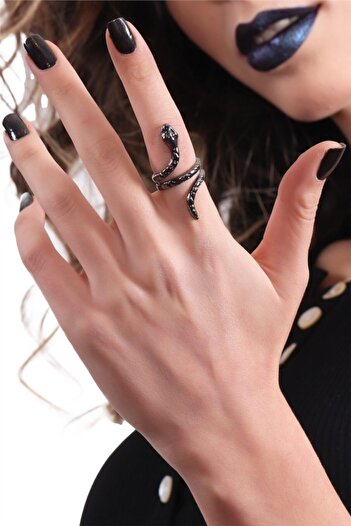 LABALABA Women's Metallic Anthracite Lacquer Plated Adjustable Printed Snake Form Ring