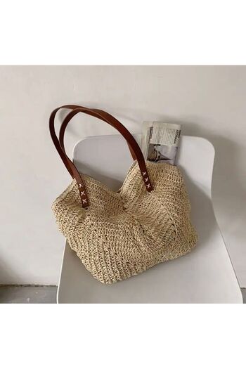 hasır bohem Straw&Bohemian Straw Braid Detailed Beach Bag Straw Shoulder Bag