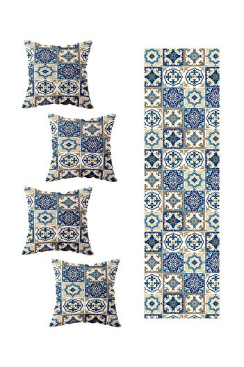 on the clouds Blue Tile Living Room Kitchen Table - Set of 4 Decorative Throw Pillow Covers and Runner