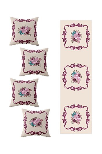 on the clouds Beige Rose Patterned Living Room Kitchen Table - Set of 4 Decorative Throw Pillow Covers and Runner
