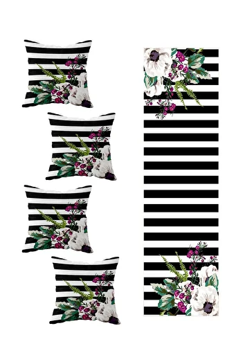 on the clouds Black Floral Patterned 4-Piece Runner Set - Table Changing Ranir Models
