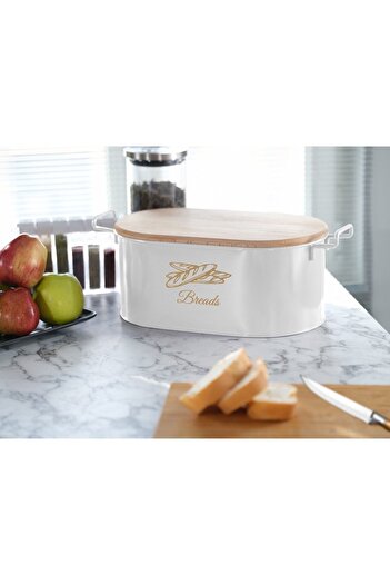 Doğa Dizayn White Metal Bread Bowl - With Wooden Cutting Board