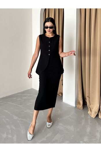 Laluvia Black 100% Cotton - Slit Pencil and Skirt Set