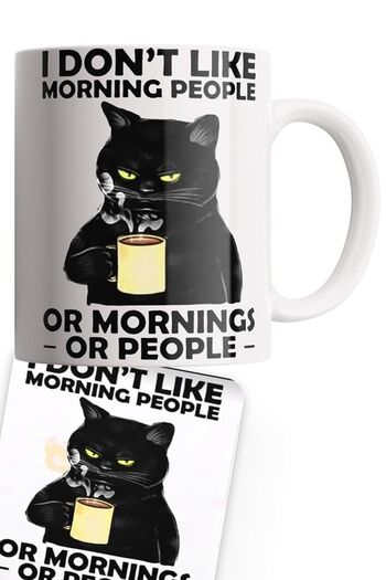 remonz Black Cat Series Double Printed Porcelain Mug with Wooden Coaster Gift