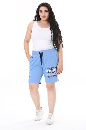 Şans Plus Size Blue Shorts - Elastic Waist, Lace-up Print and Pocket Detail 65N38129