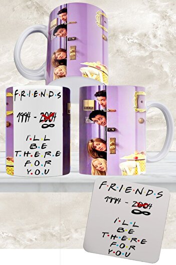 remonz Friends Series Heads 3 Sided Printed White Porcelain Mug Cup And Wooden Coaster
