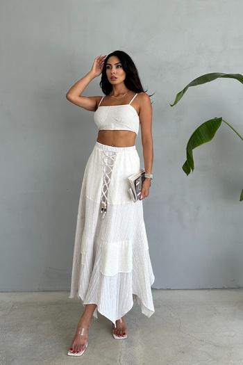 Ortaya Çık Asymmetrical Beige Bohemian Layered Skirt