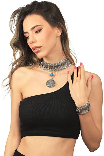 LABALABA Kadın Antik Gümüş Kaplama Turkuaz Doğal Taşlı I?llüzyon Model Choker & Bileklik Set