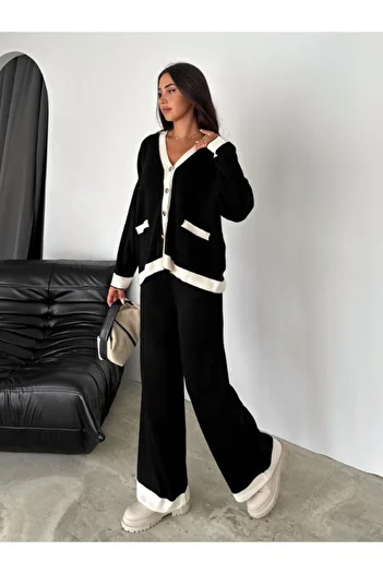 lovebox V-Neck Knitwear Double Set - Cardigan and Trousers with Metal Buttons 002