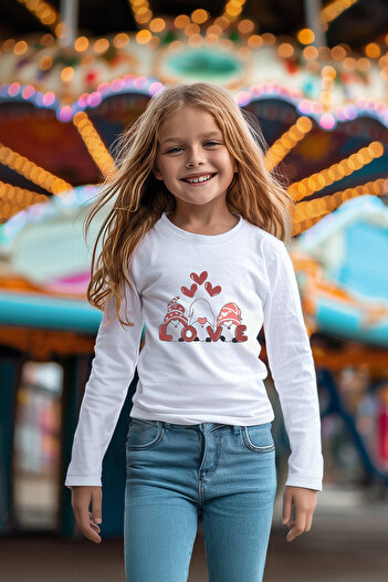 TRENDYOLKIDS Heart Patterned Ecru Girl's Cotton T-Shirt - Crew Neck Tkdaw25Ts00010