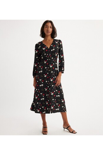 Levi's Women's Black Floral V Neck Long Sleeve Midi Dress
