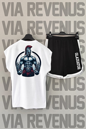 Vordevia Gladiator White Sports T-Shirt and Black Sports Shorts Set - Back Print, Zero Sleeve