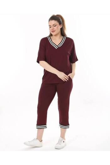 garajmood Plus Size Claret Red V-Neck Striped Tights and Blouse Set
