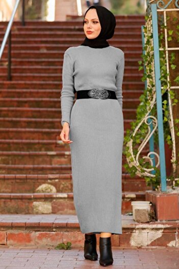 Neva Style - Fitilli Gri Tesettür Triko Elbise 78261gr