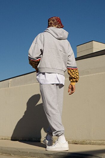 BSBSPOR Γκρι Μαύρο Loose Fit Oversize Φούτερ με ελαστικά πόδια ψηλή μέση