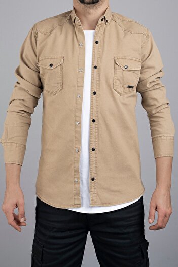 bombe Men's Denim Shirt Slim Fit Beige 037