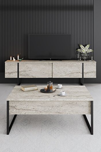 Modatte LUXE TV ÜNİTESİ DEMİR AYAKLI MERMER SİYAH