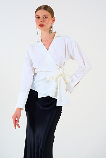 LOOSH Ecru Cotton Double Breasted Collar Tie Detailed Women's Blouse Shirt