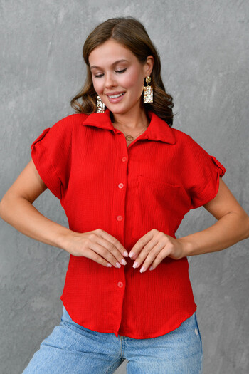 WOMAN VISION Red Short Sleeve Seersucker Pocket Detailed Shirt 9628