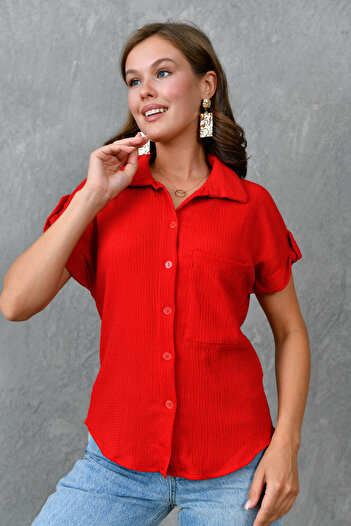 WOMAN VISION Red Short Sleeve Seersucker Pocket Detailed Shirt 9628