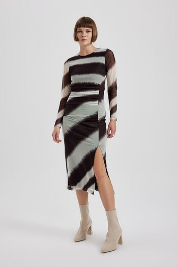 DeFacto Bodycon Degrade Bisiklet Yaka Tül Uzun Kollu Midi Elbise B4168ax23au