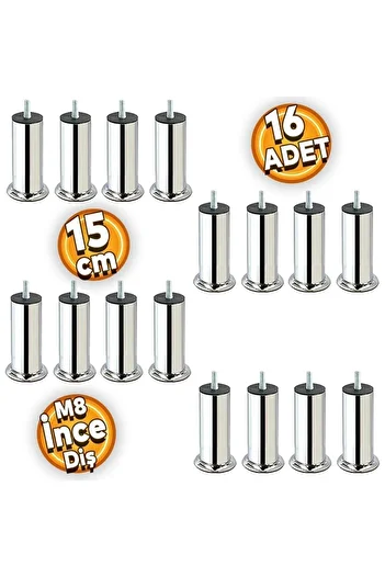 Badem10 M8 Chrome Metal - Fine Thread Sofa Base with Mattress and Sofa Support 15 Cm 16 Pieces