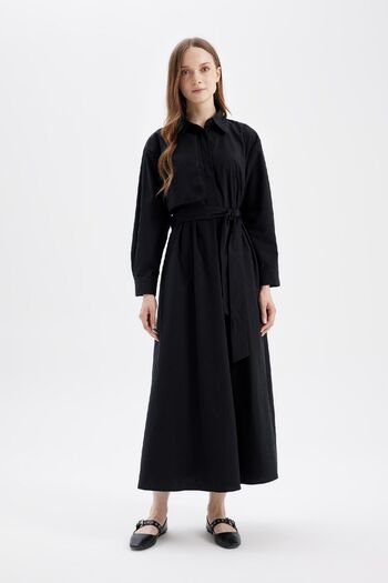 DeFacto Poplin Shirt Collar Maxi Black Dress with Belt and Long Sleeves D4164Ax24Au