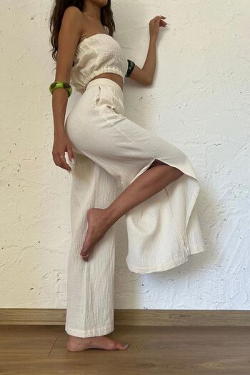 Husufi Women's Natural 100% Cotton Split Pants and Crop Top Set
