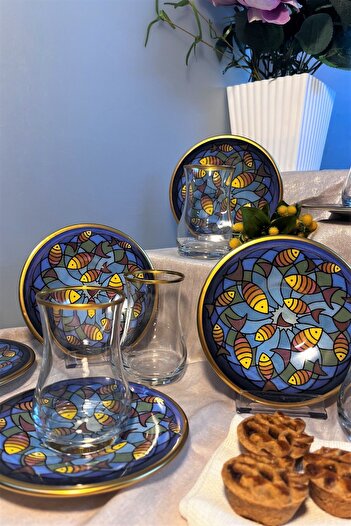 DECOSTYLE Seramik Tabaklı 12 Parça Desenli Mat Gold Çay Seti