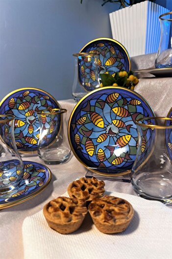 DECOSTYLE Seramik Tabaklı 12 Parça Desenli Mat Gold Çay Seti