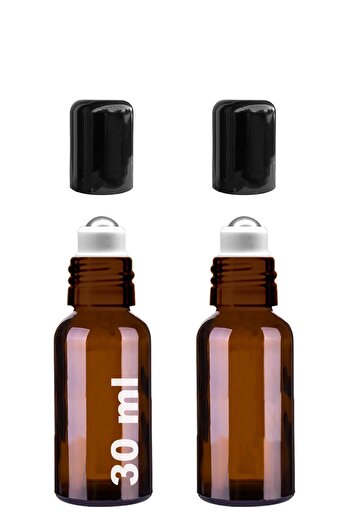 Afracam 30 ml Amber Çelik Roll On Şişesi 30 Cc Sızdırmaz Siyah Kapaklı Kahverengi Cam Şişe 2 Adet