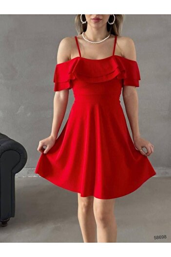 lovebox Stretchy Crepe Fabric Two Layers Flounced Sling Detailed Evening Dress Homecoming Dress Mini Dress