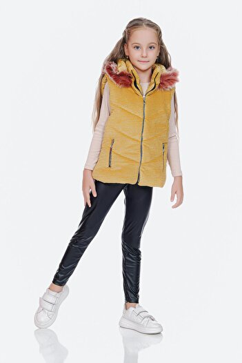 Kamex Mustard Colored Girl's Plush Vest - Striped and Lined