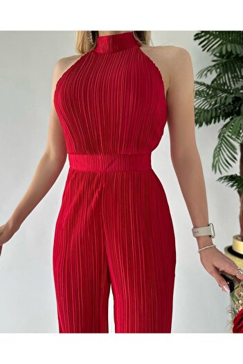 BEAUTY FASHİON Ribbed Sleeveless Halter Neck Women's Red Evening Dress Jumpsuit - Evening Dress & Graduation Jumpsuit Dress